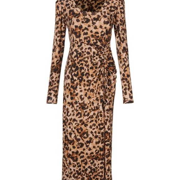 CAbi Dresses & Skirts - Cabi | Brown Leopard Selma Fitted Long-Sleeve Maxi Dress NWOT